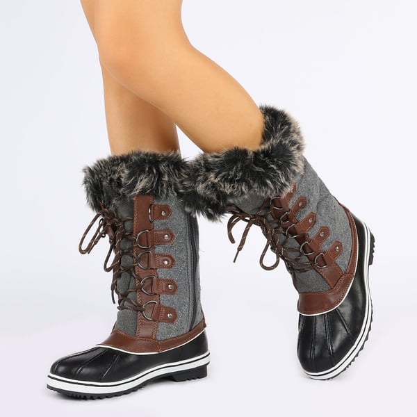 Mid-Calf Fur Snow Boots - BLACK GREY - 1